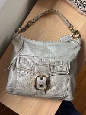 Coach Metallic Silver Leather Hobo with Woven Flap and Buckle